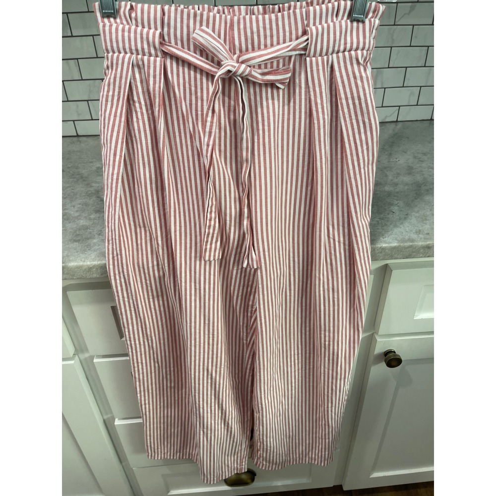 Everly Pants Womens S Red White Striped Paperbag Waist Wide Leg Belted Pockets